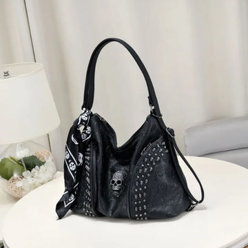 Qfdian Y2k Aesthetic Trendy Casual Tote Bags Vintage All Match Women High-capacity Handbags Fashion Rivet Skull Shoulder Underarm Bag